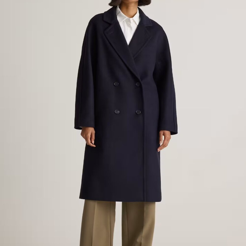 Quince Navy Double-Breasted Wool Trench Coat